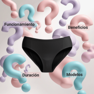 Calzón menstrual negro con signos de interrogación que destacan temas como funcionamiento, beneficios, duración y modelos