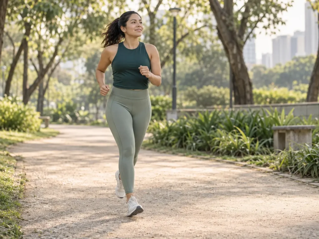 Mujer realizando actividad física al aire libre con ropa deportiva.
