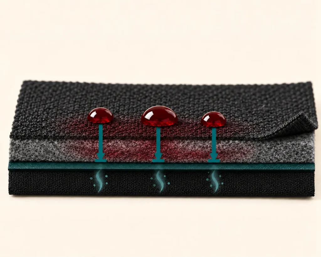 Capas de un calzón menstrual con microfibra absorbente y barrera protectora PUL