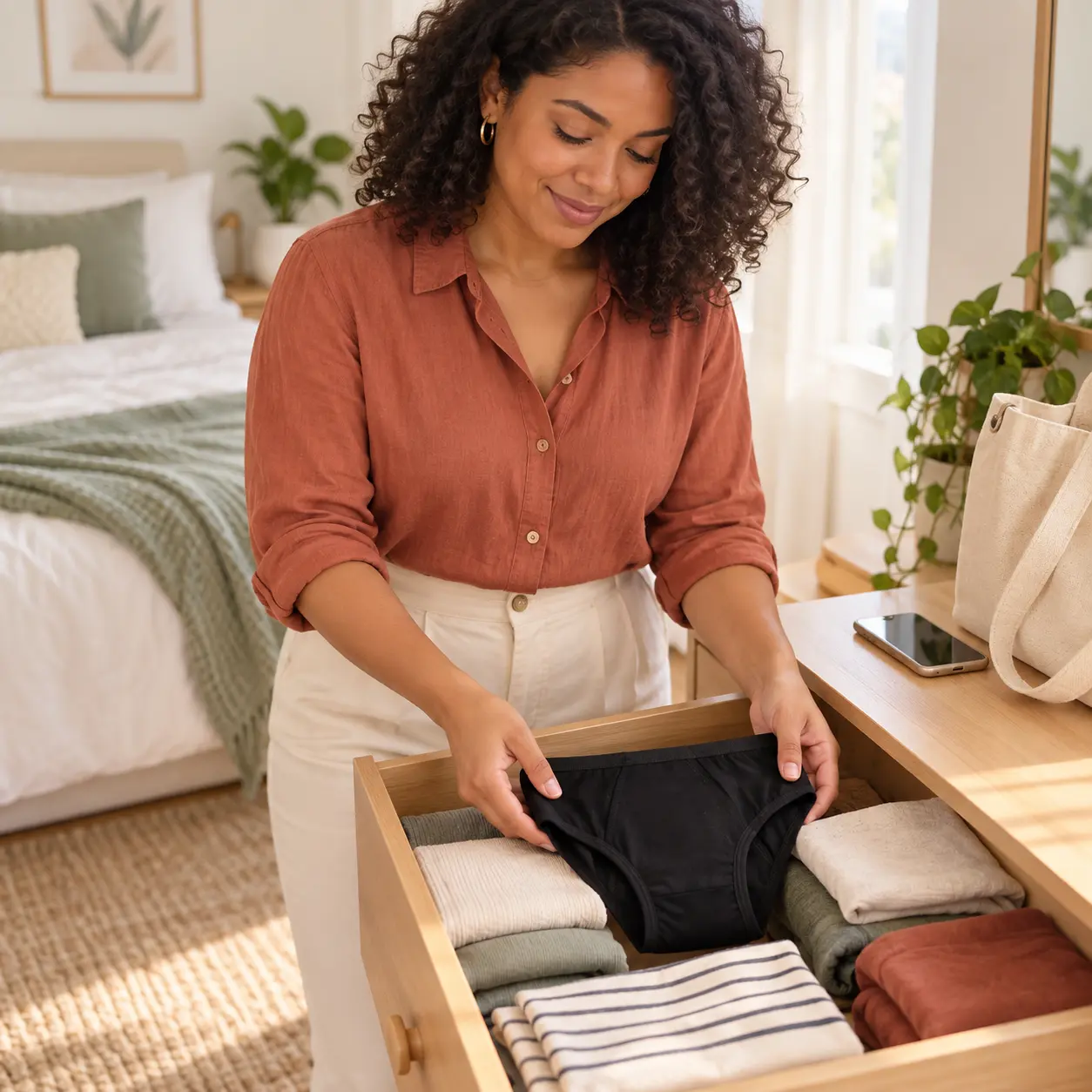 Mujer guardando un calzón menstrual negro junto a su ropa cotidiana