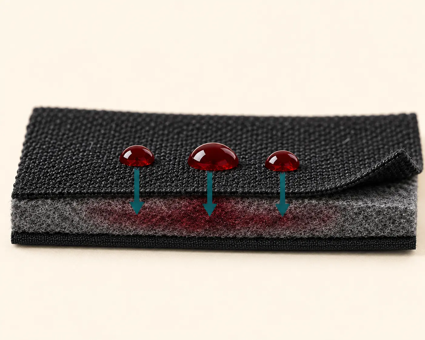 Representación de la capa de microfibra que absorbe y distribuye el flujo menstrual.