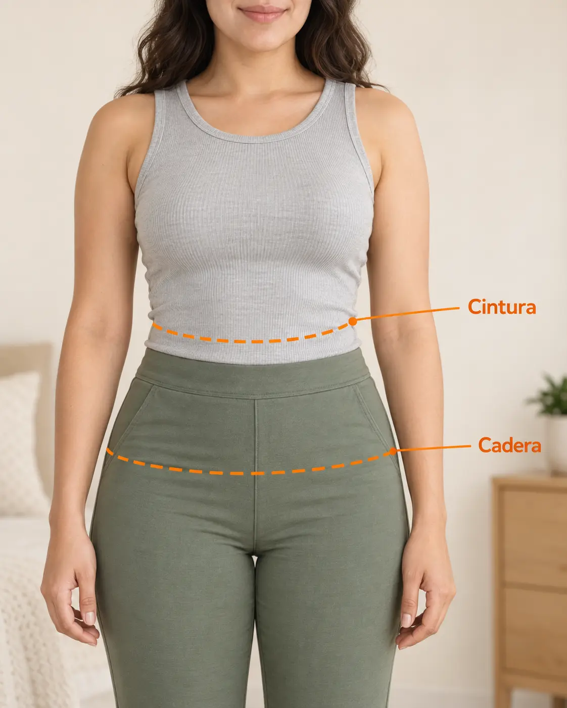Mujer mostrando dónde medir la cintura y la cadera para elegir la talla de un calzón menstrual.