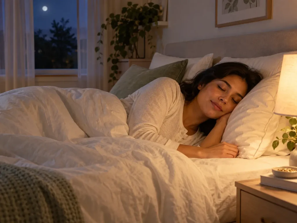 Mujer descansando tranquilamente en su cama durante la noche.