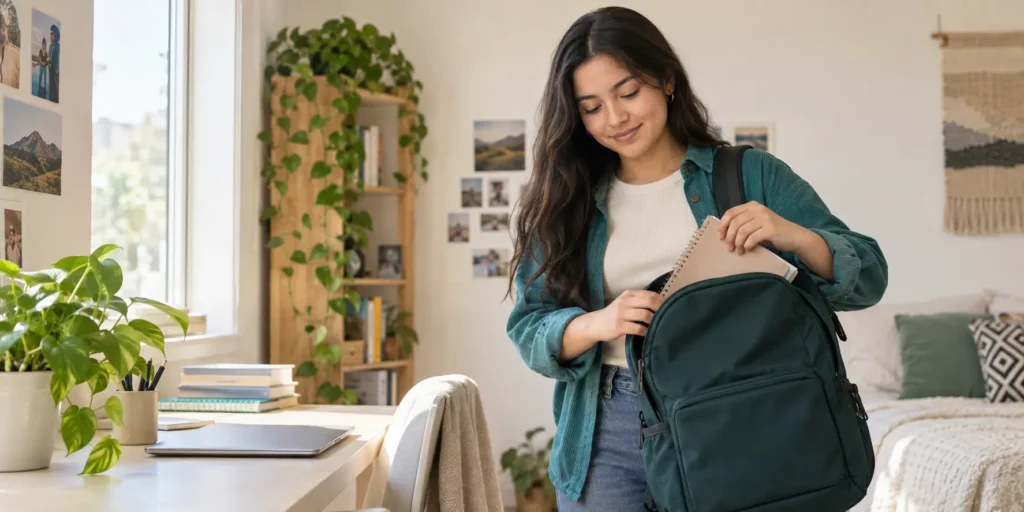 Joven estudiante preparando su mochila para continuar sus actividades con confianza
