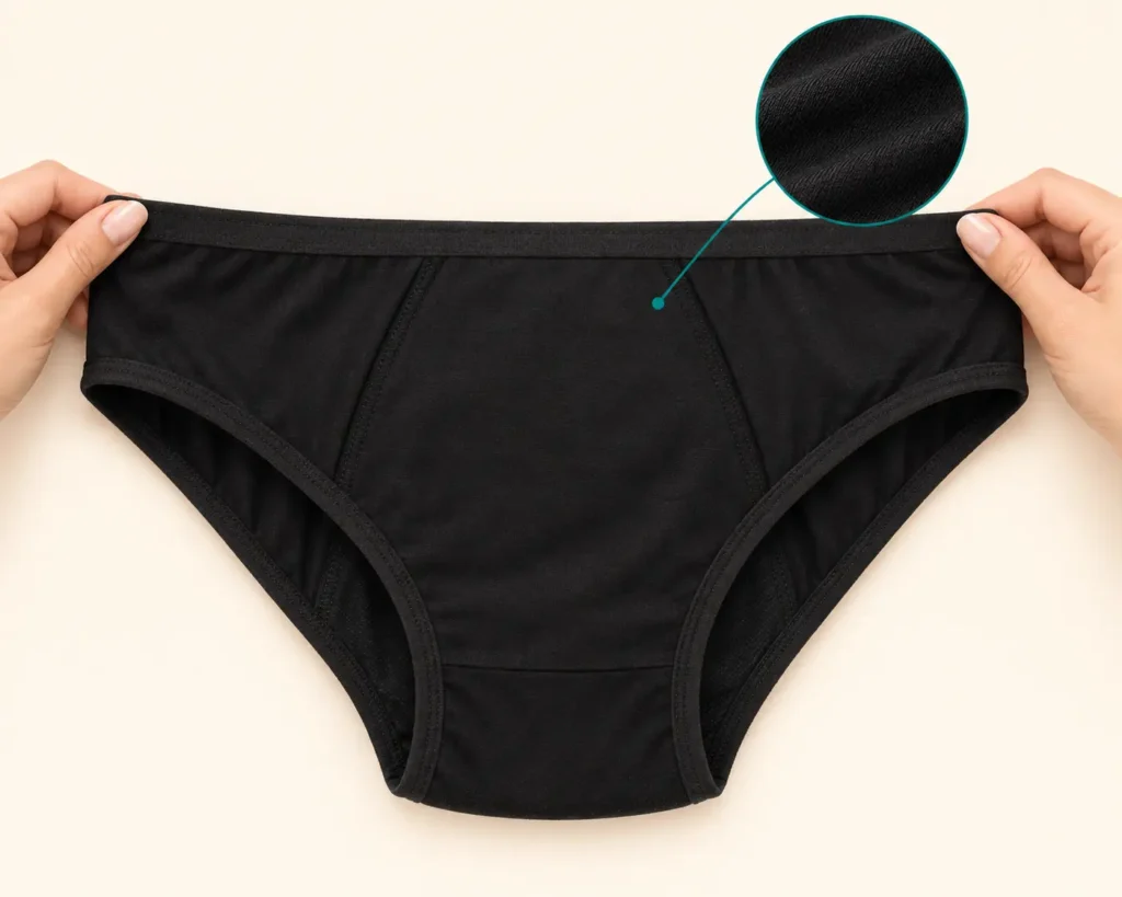 Exterior de un calzón menstrual negro estirado suavemente para mostrar su elasticidad