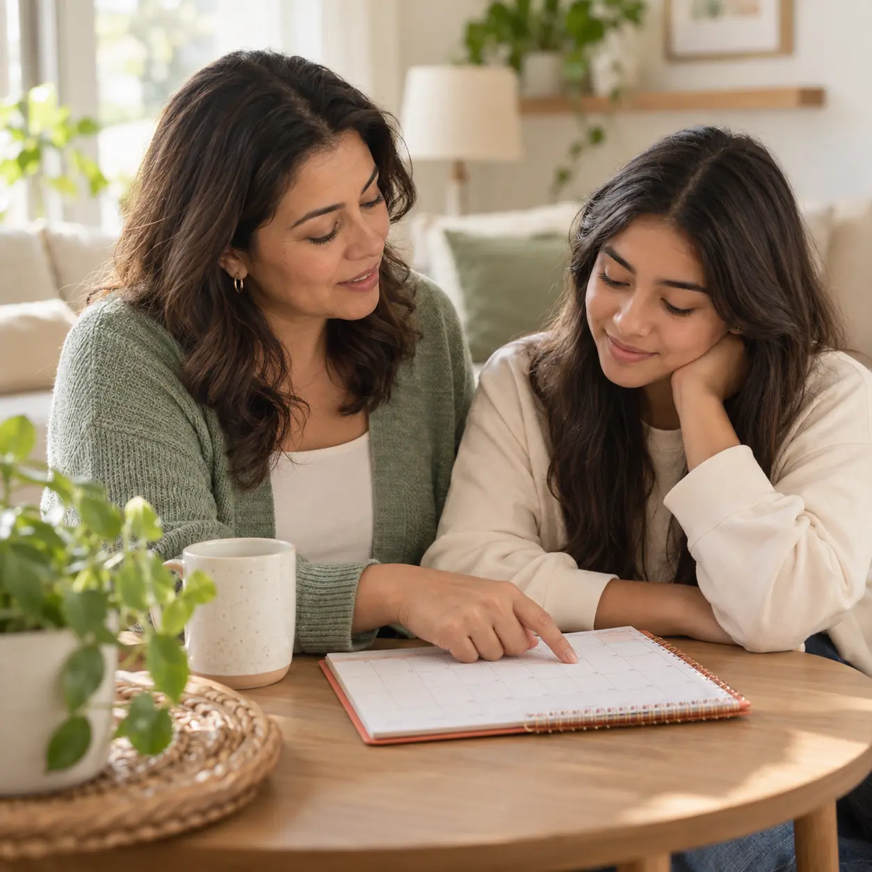 Madre orientando a su hija mientras revisan juntas un calendario