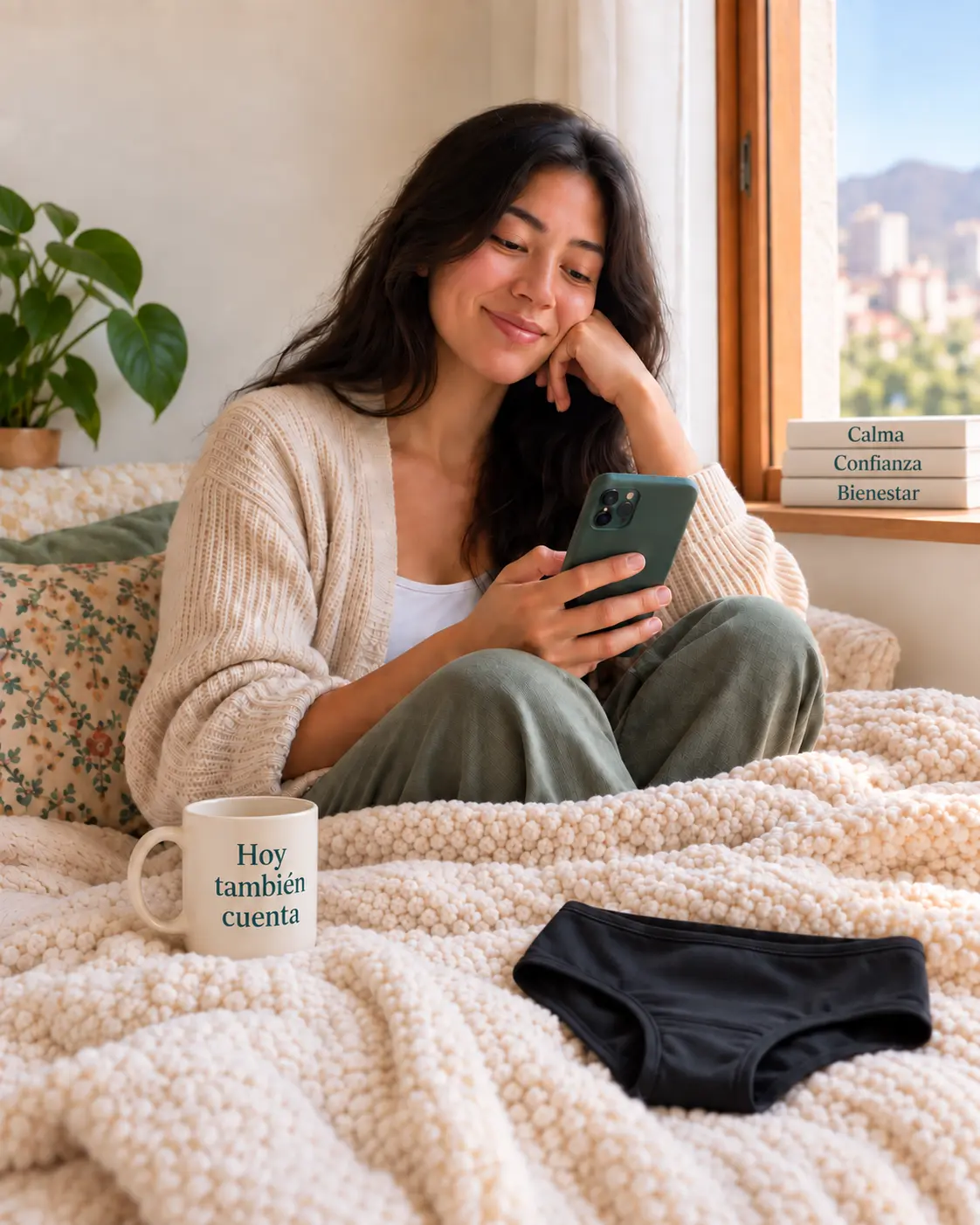Mujer consultando información sobre el calzón menstrual en un ambiente tranquilo