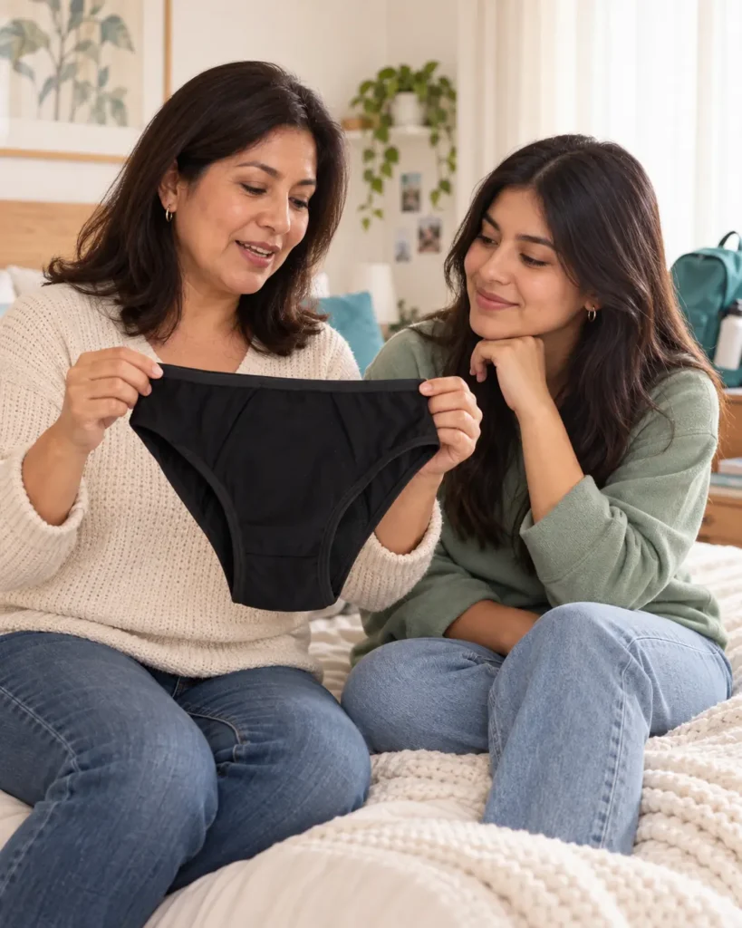 Madre explicando a su hija cómo elegir y usar un calzón menstrual