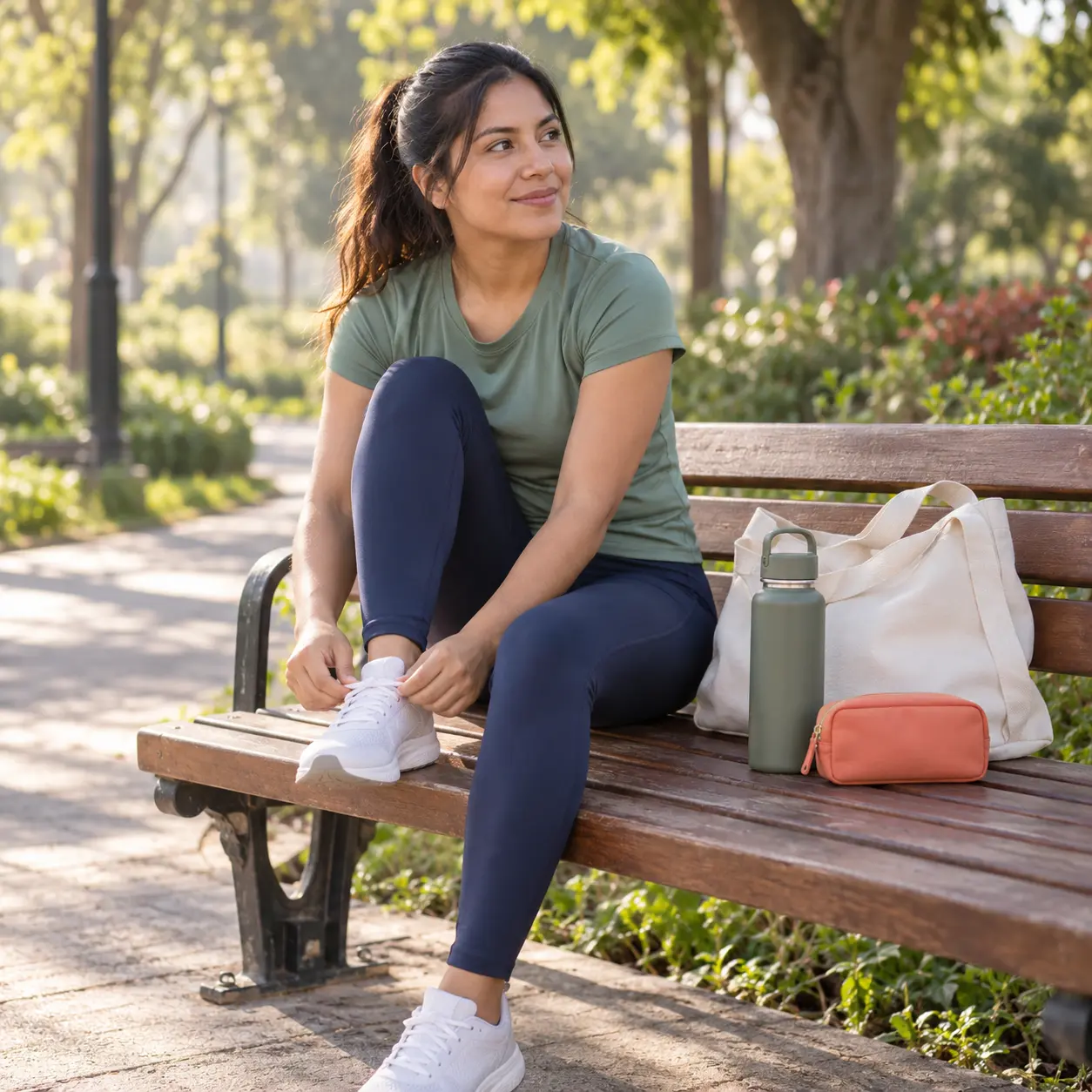 Mujer preparándose para hacer ejercicio con su bolso y neceser personal
